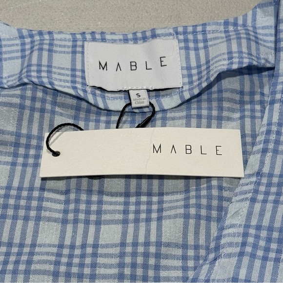 Mable NWT Small Blue Gingham Arleth Stripe Blouse And Shorts Set Puff Sleeve Tie - Picture 5 of 13